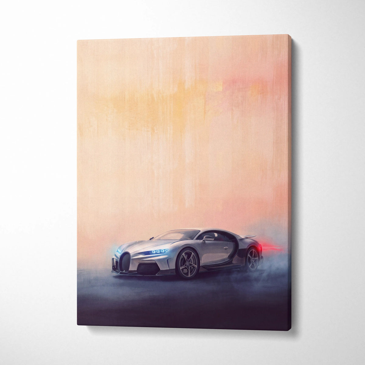Silver bugatti chiron inspired canvas art featuring glowing blue headlights and red taillights against peach purple sky