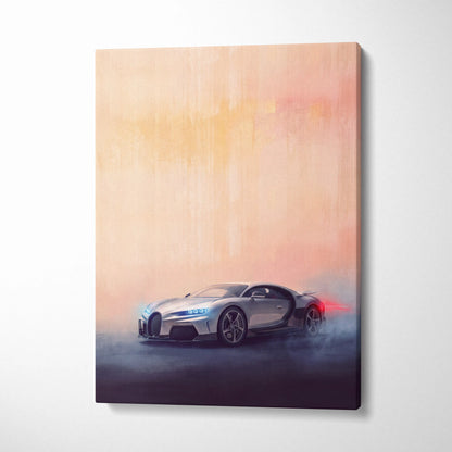 Silver bugatti chiron inspired canvas art featuring glowing blue headlights and red taillights against peach purple sky