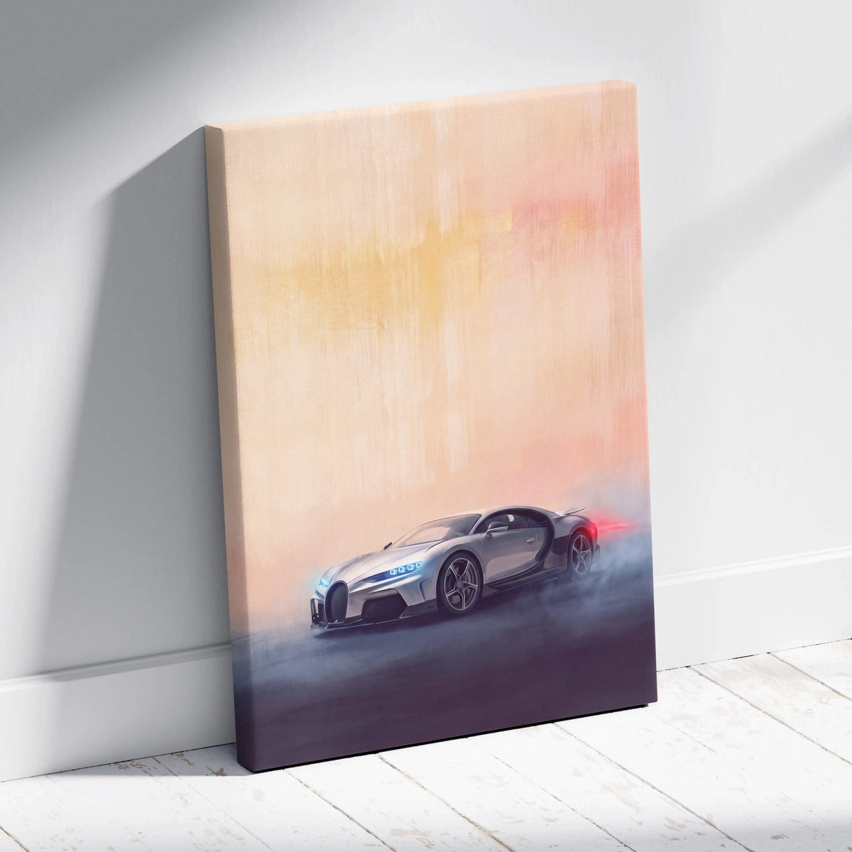 Silver Bugatti Chiron inspired canvas art featuring glowing blue headlights and red taillights on abstract background