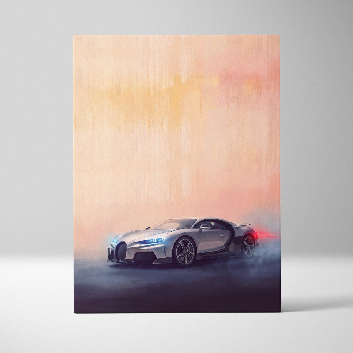 Silver bugatti chiron inspired canvas art featuring a sleek aerodynamic sports car with glowing blue headlights on warm background