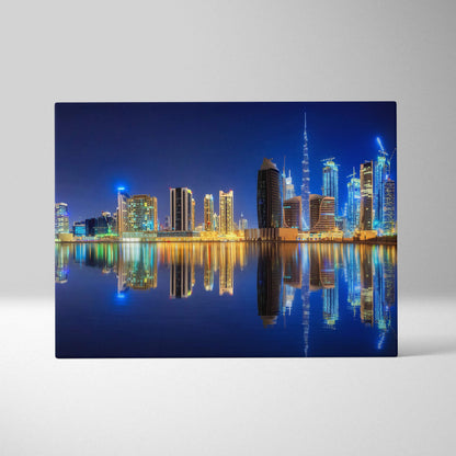 Dubai night skyline canvas art with Burj Khalifa reflections in blue gold neon