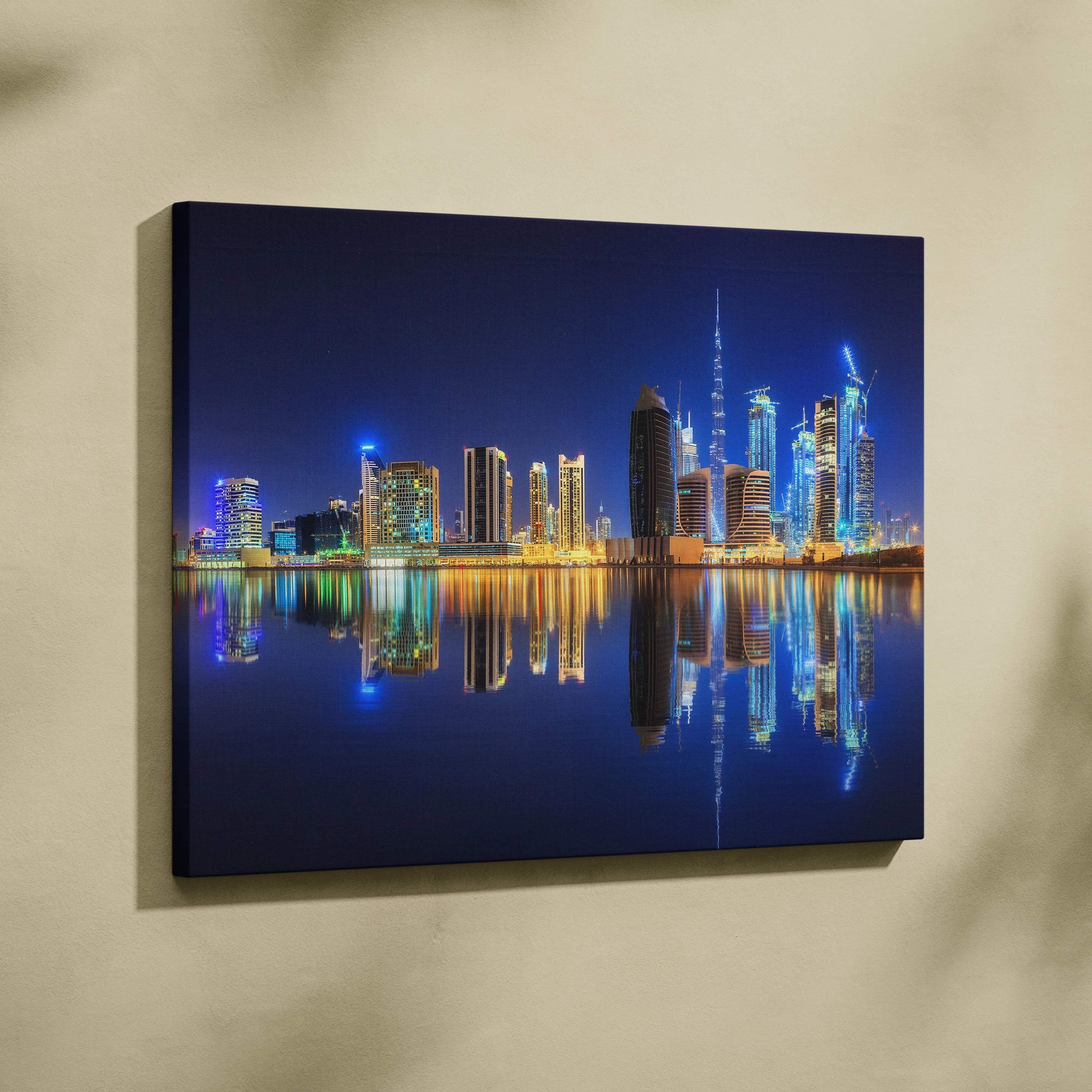 Dubai night skyline canvas art with Burj Khalifa reflections in blue gold neon