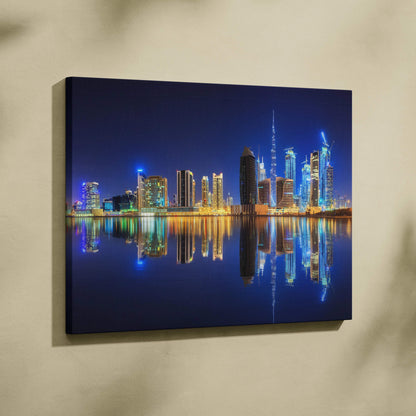 Dubai night skyline canvas art with Burj Khalifa reflections in blue gold neon