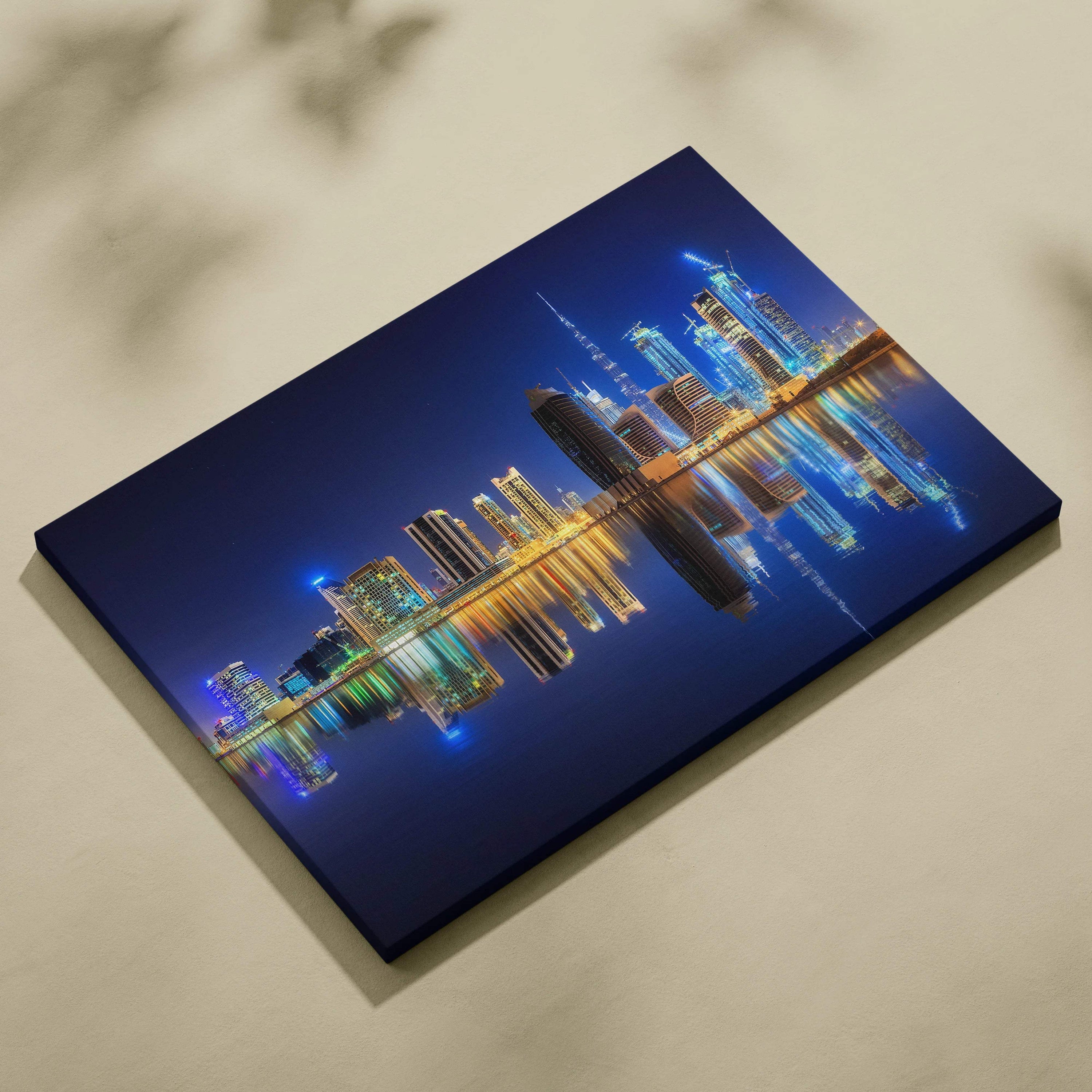 Dubai night skyline canvas art with Burj Khalifa reflections in blue gold neon