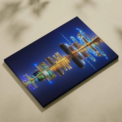 Dubai night skyline canvas art with Burj Khalifa reflections in blue gold neon