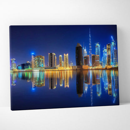 Dubai night skyline canvas art with Burj Khalifa reflections in blue gold neon