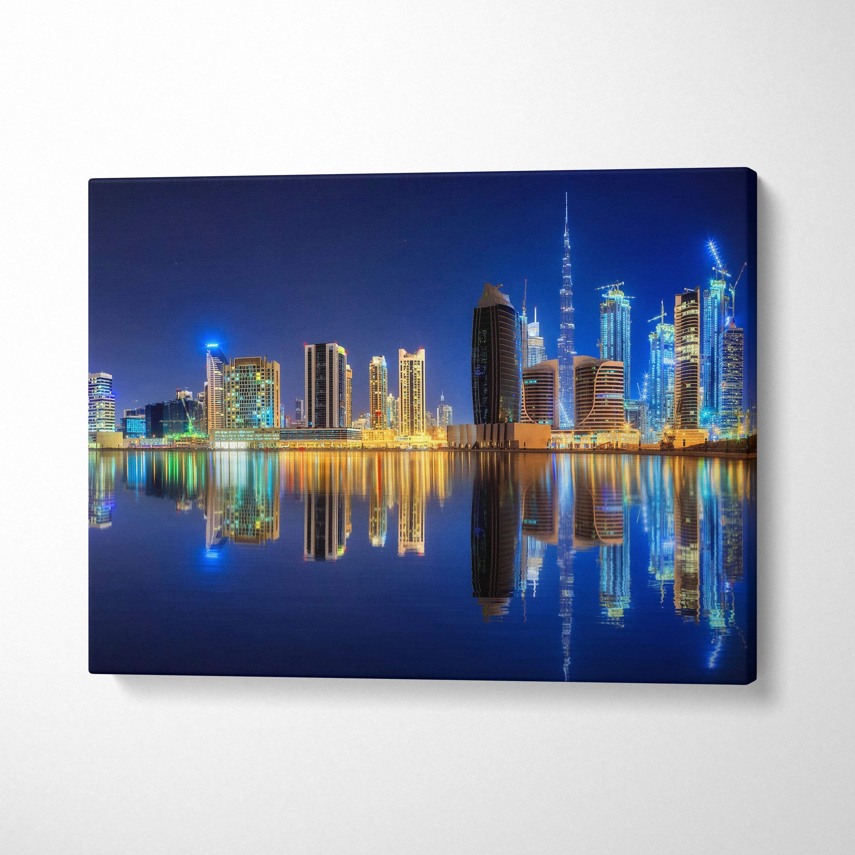 Dubai night skyline canvas art with Burj Khalifa reflections in blue gold neon