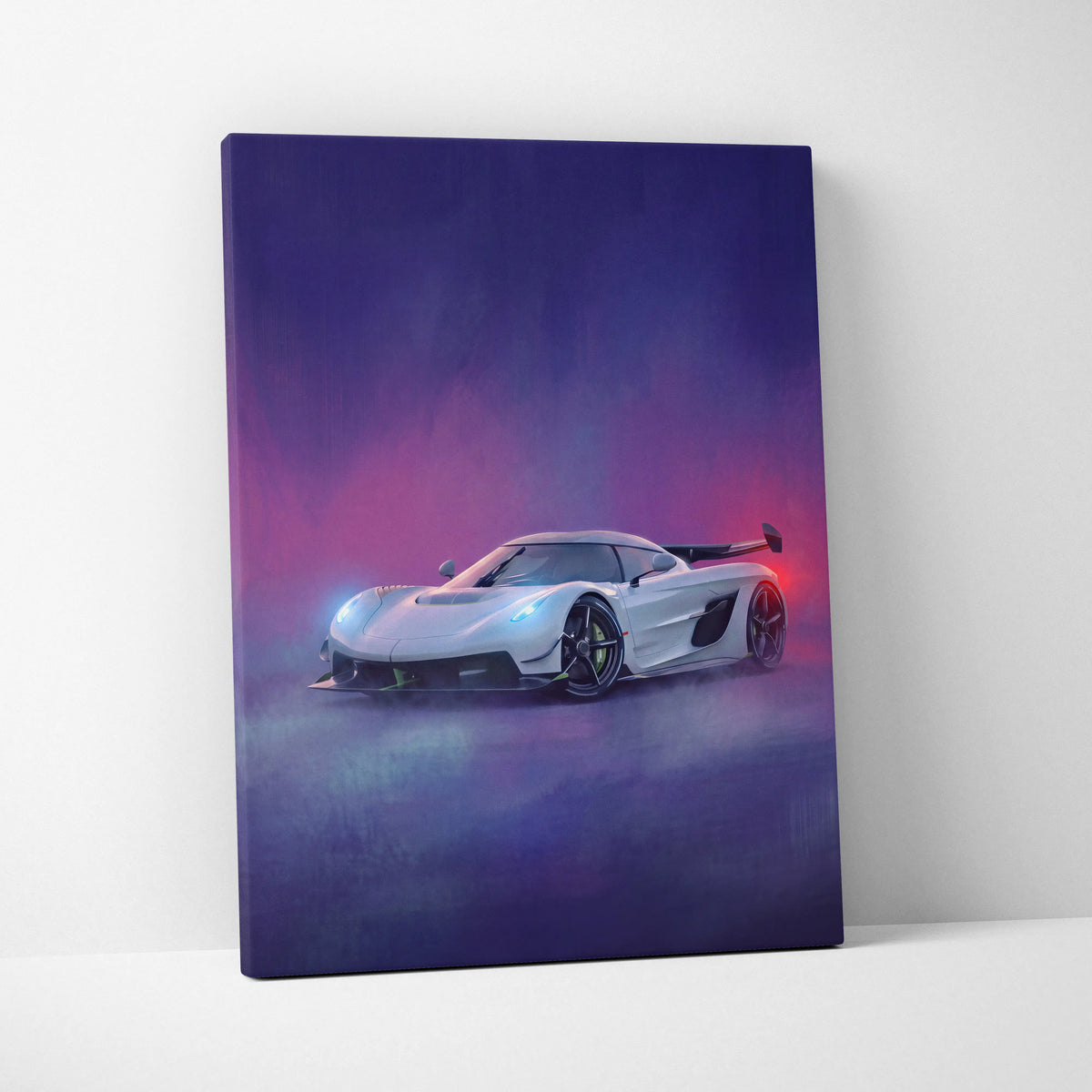 Koenigsegg jesko inspired car wall art canvas print featuring white hypercar with glowing blue and red accents