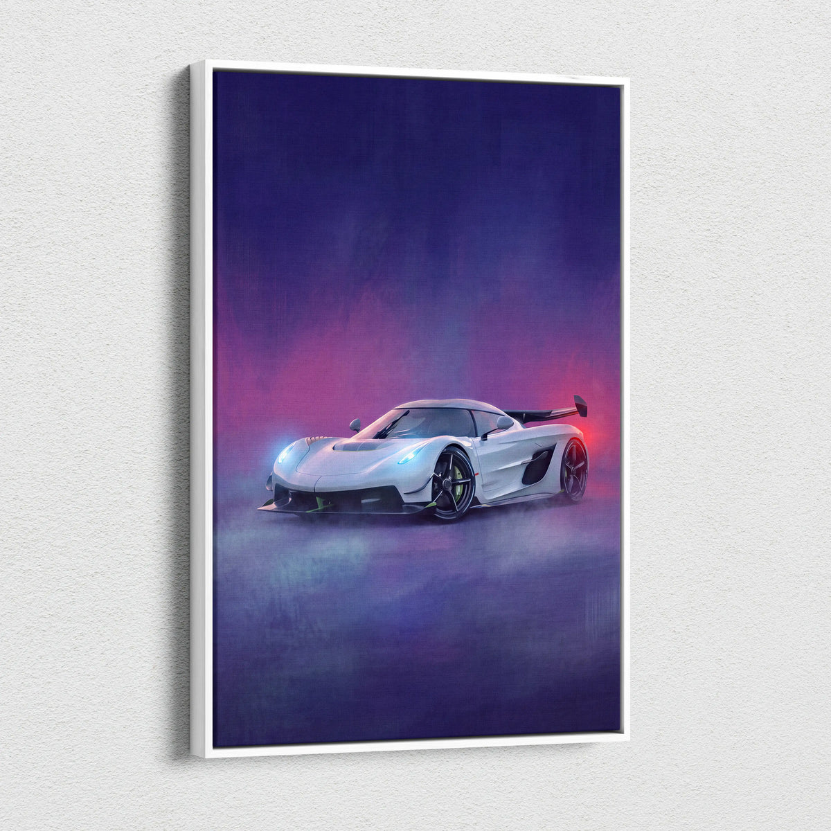 A sleek white koenigsegg jesko inspired hypercar wall art with vibrant purple and pink neon lighting on canvas print