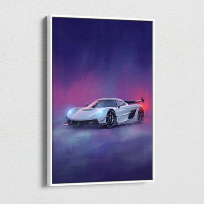 A sleek white koenigsegg jesko inspired hypercar wall art with vibrant purple and pink neon lighting on canvas print