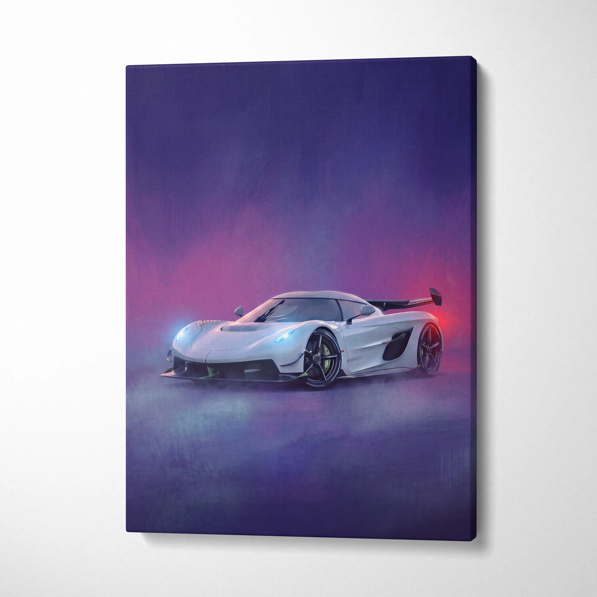 White Koenigsegg Jesko inspired hypercar wall art canvas print with glowing blue and red accents on purple background