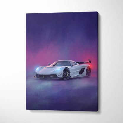 White Koenigsegg Jesko inspired hypercar wall art canvas print with glowing blue and red accents on purple background