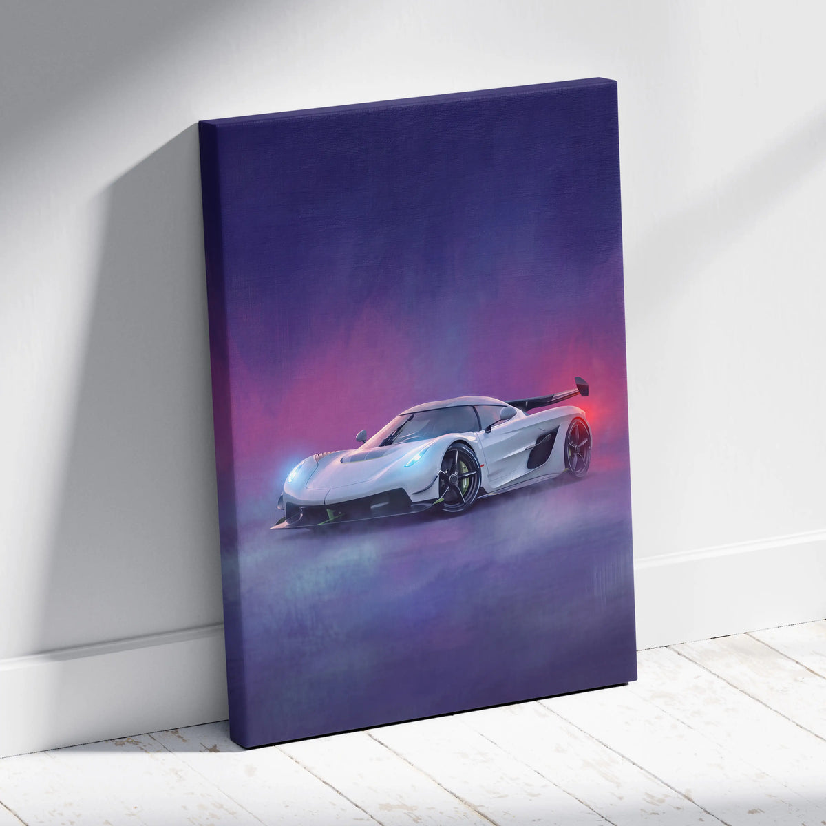 Koenigsegg jesko inspired white sports car wall art with purple and pink gradient on canvas print track edition