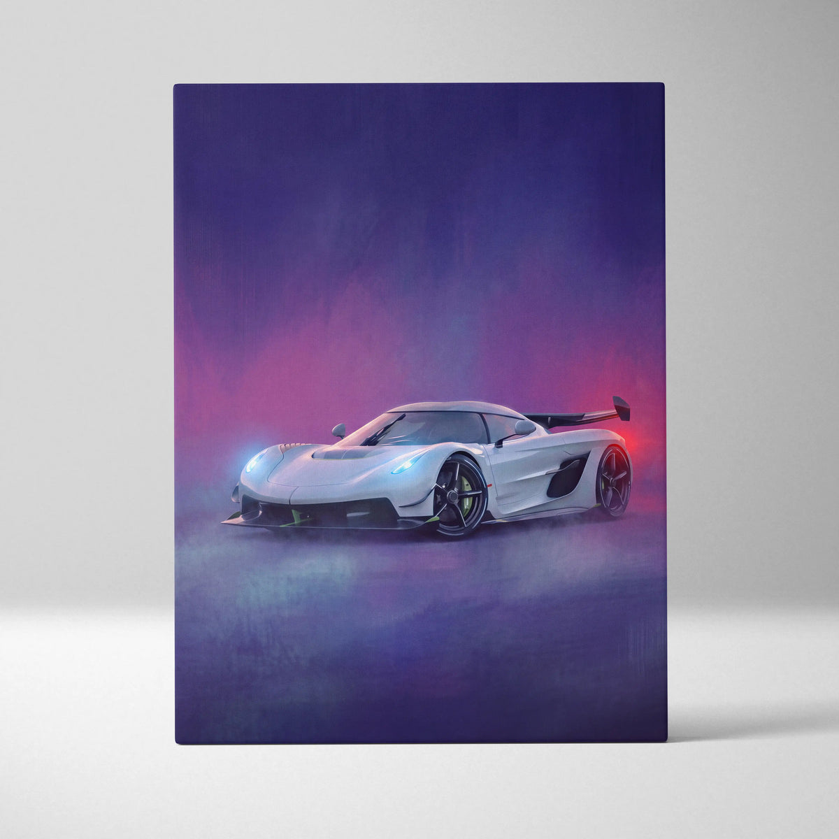 Koenigsegg jesko inspired car wall art canvas print featuring white hypercar with glowing blue headlights and red taillights