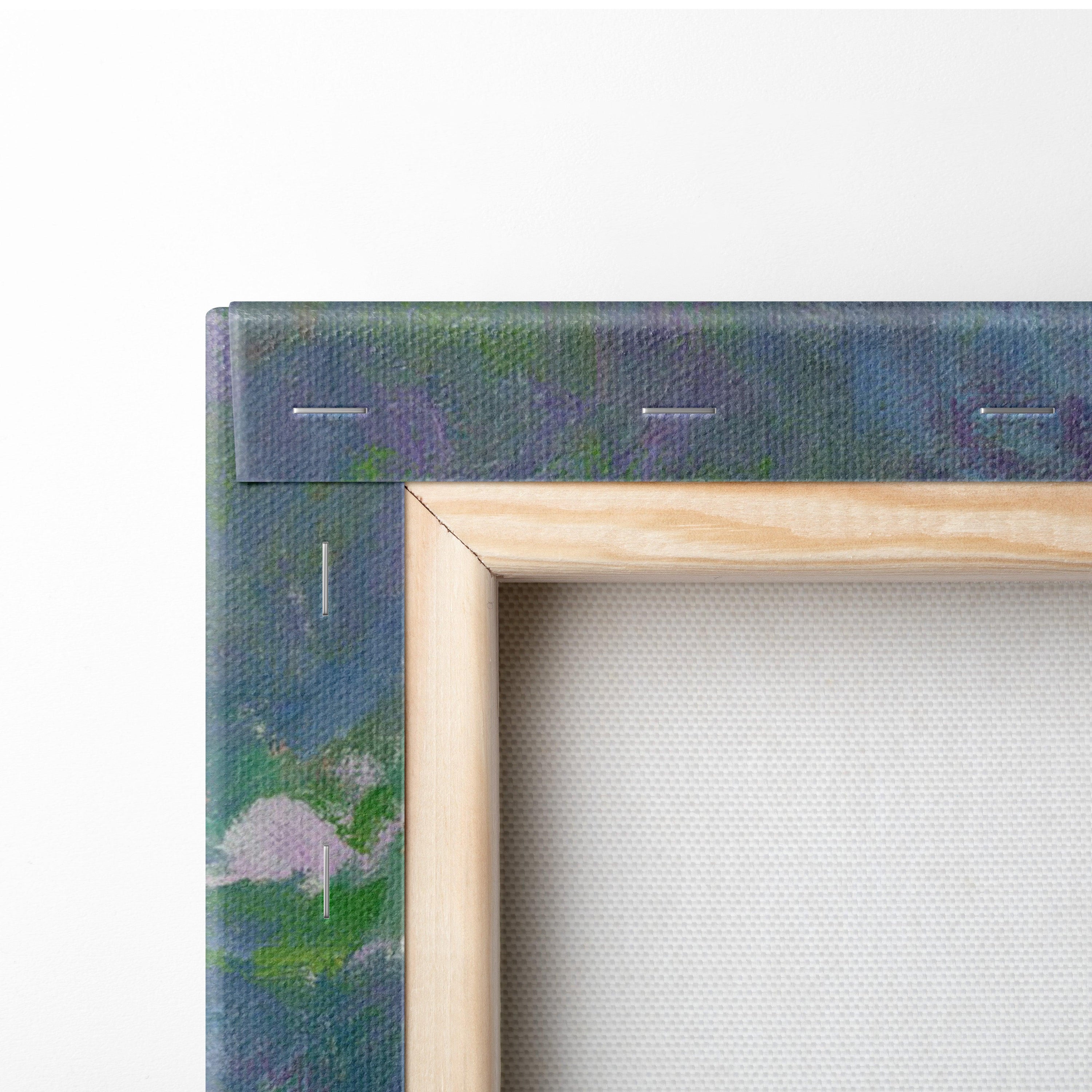 Light wood-framed Water Lilies - Monet canvas print with watercolor garden scene