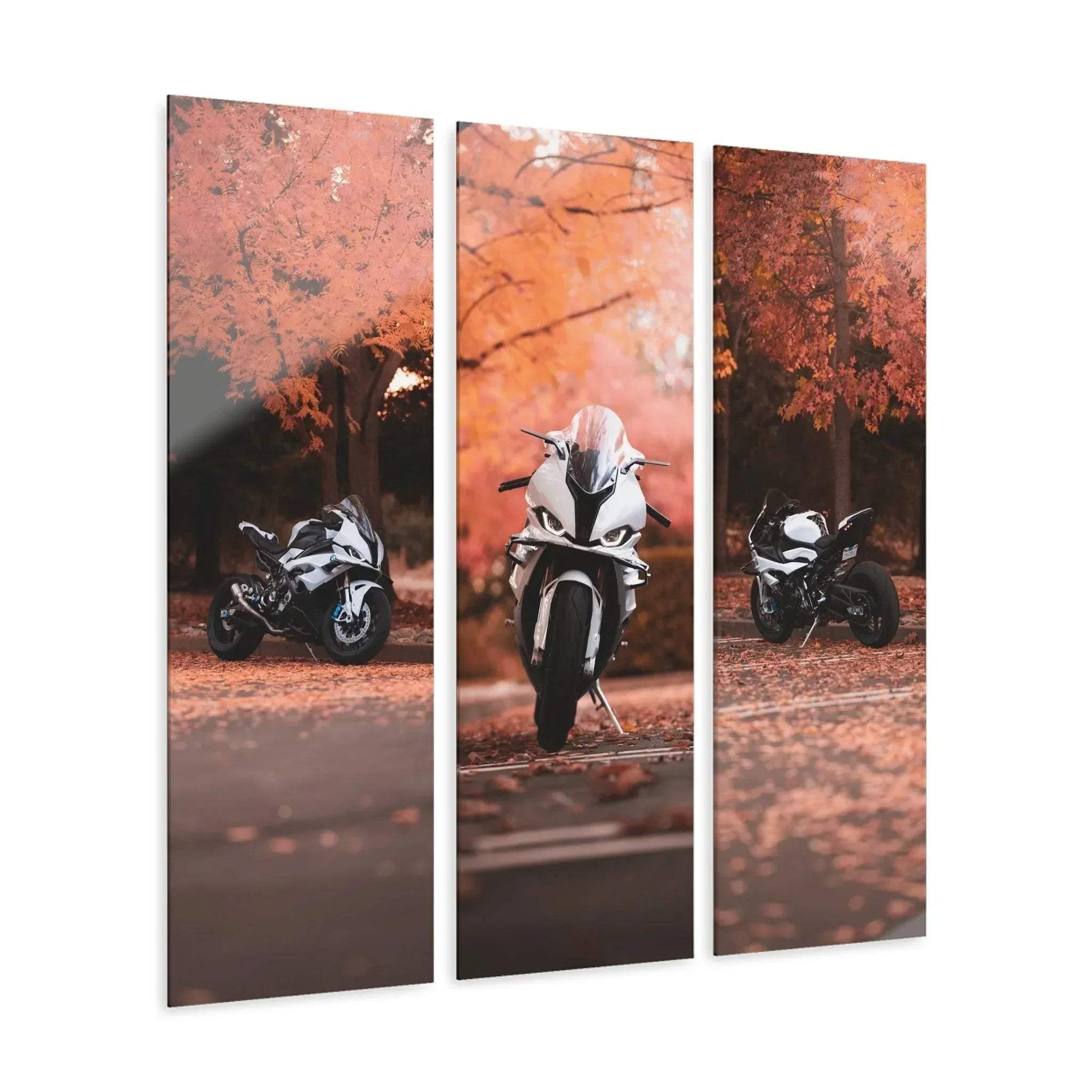 Three-piece canvas wall art featuring a BMW S1000RR motorcycle with autumn trees background in warm orange tones.
