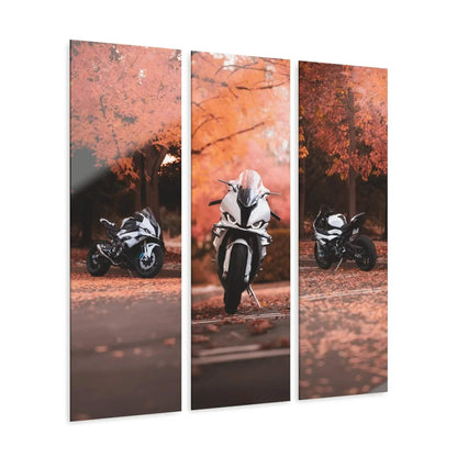 Three-piece canvas wall art featuring a BMW S1000RR motorcycle with autumn trees background in warm orange tones.