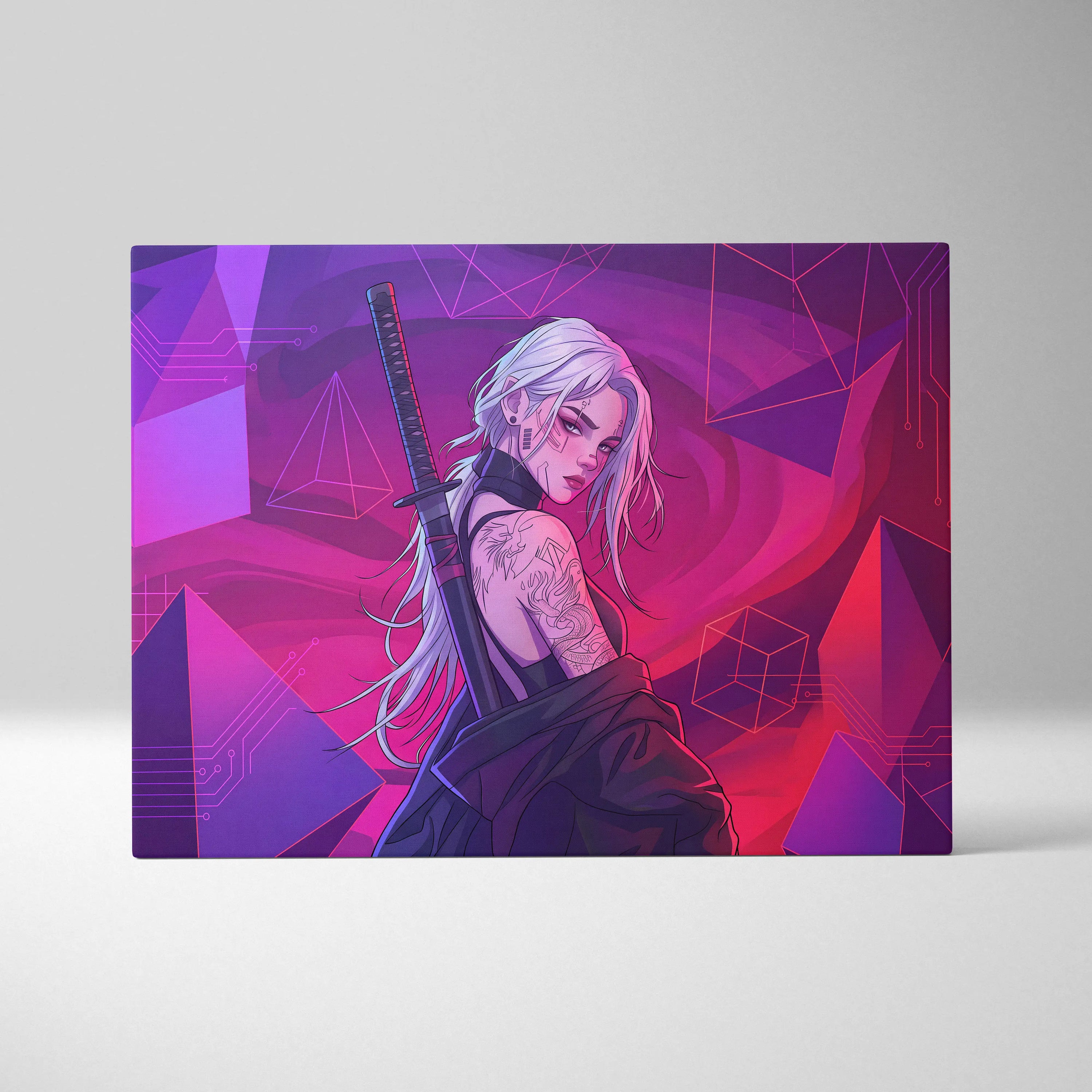 Vaporwave Neon Warrior Canvas - Vaporwave Warrior Neon Pink Canvas Living Room Decor Cyberpunk Moody Futurism Wall Art