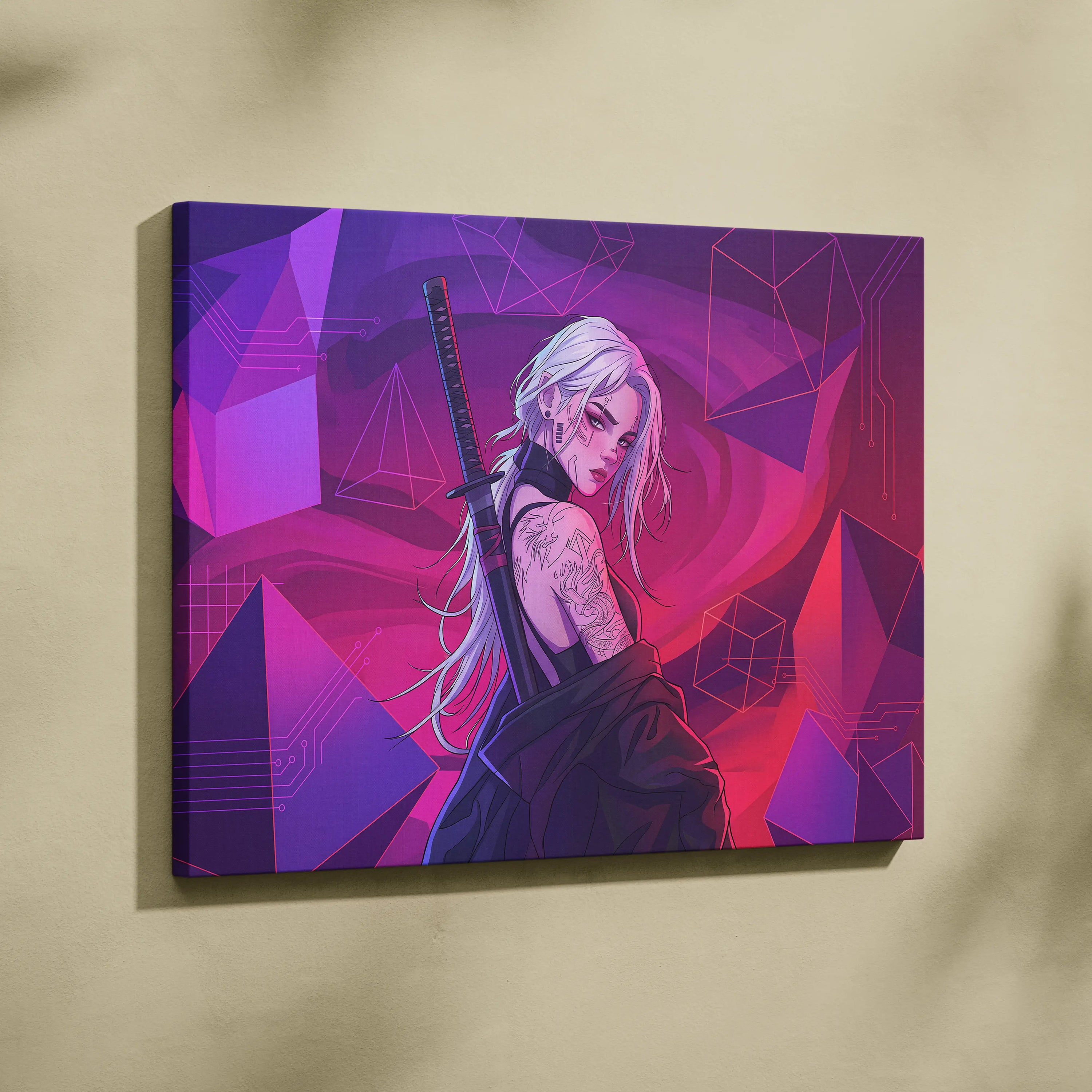 Vaporwave Neon Warrior Canvas - Vaporwave Warrior Neon Pink Canvas Living Room Decor Cyberpunk Moody Futurism Wall Art