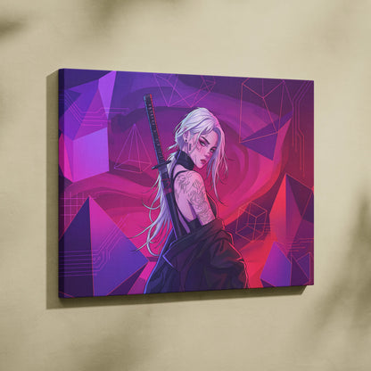 Vaporwave Neon Warrior Canvas - Vaporwave Warrior Neon Pink Canvas Living Room Decor Cyberpunk Moody Futurism Wall Art
