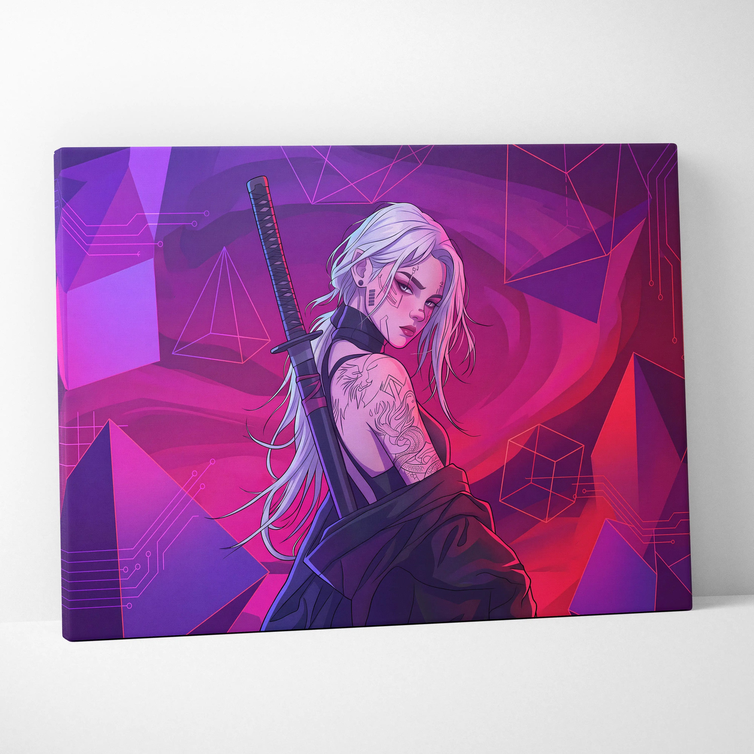 Vaporwave Neon Warrior Canvas - Vaporwave Warrior Neon Pink Canvas Living Room Decor Cyberpunk Moody Futurism Wall Art
