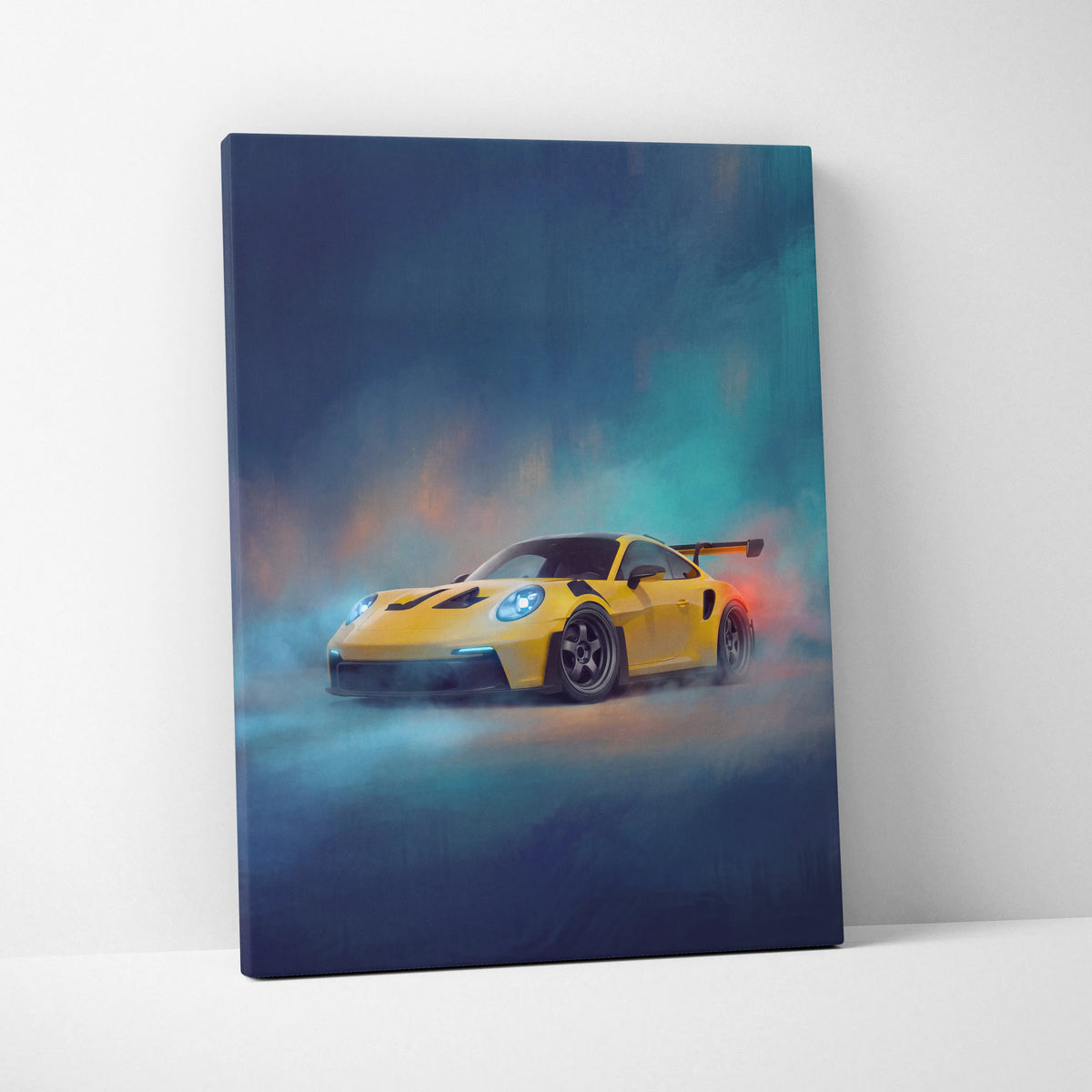 Vibrant yellow porsche 911 gt3 rs sports car on a smoky stretched canvas custom car wall art print