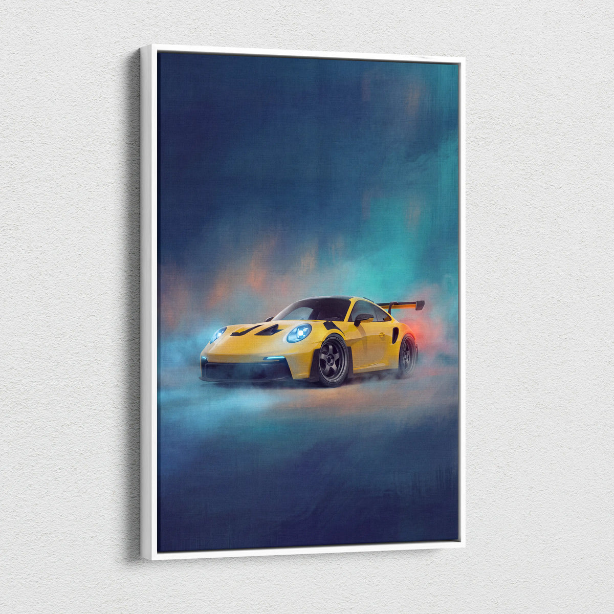 Yellow porsche 911 gt3 rs inspired supercar canvas art with glowing headlights and dramatic smoke effects