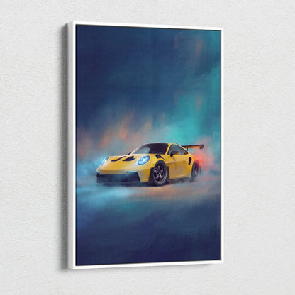 Yellow porsche 911 gt3 rs inspired supercar canvas art with glowing headlights and dramatic smoke effects