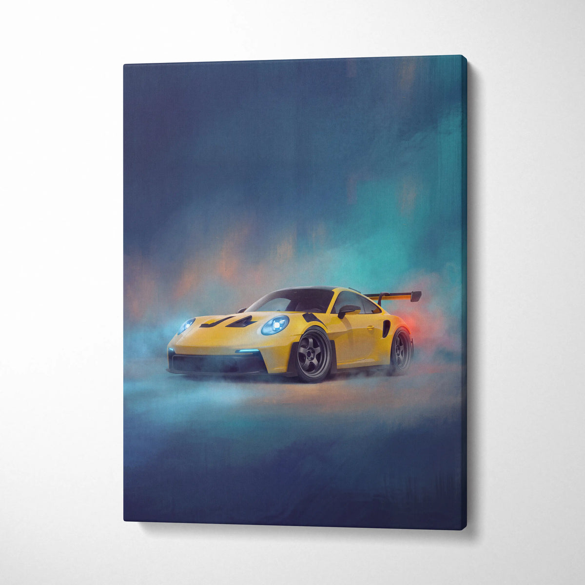 Vibrant yellow Porsche 911 GT3 RS sports car canvas print with glowing blue headlights and dynamic smoke effect