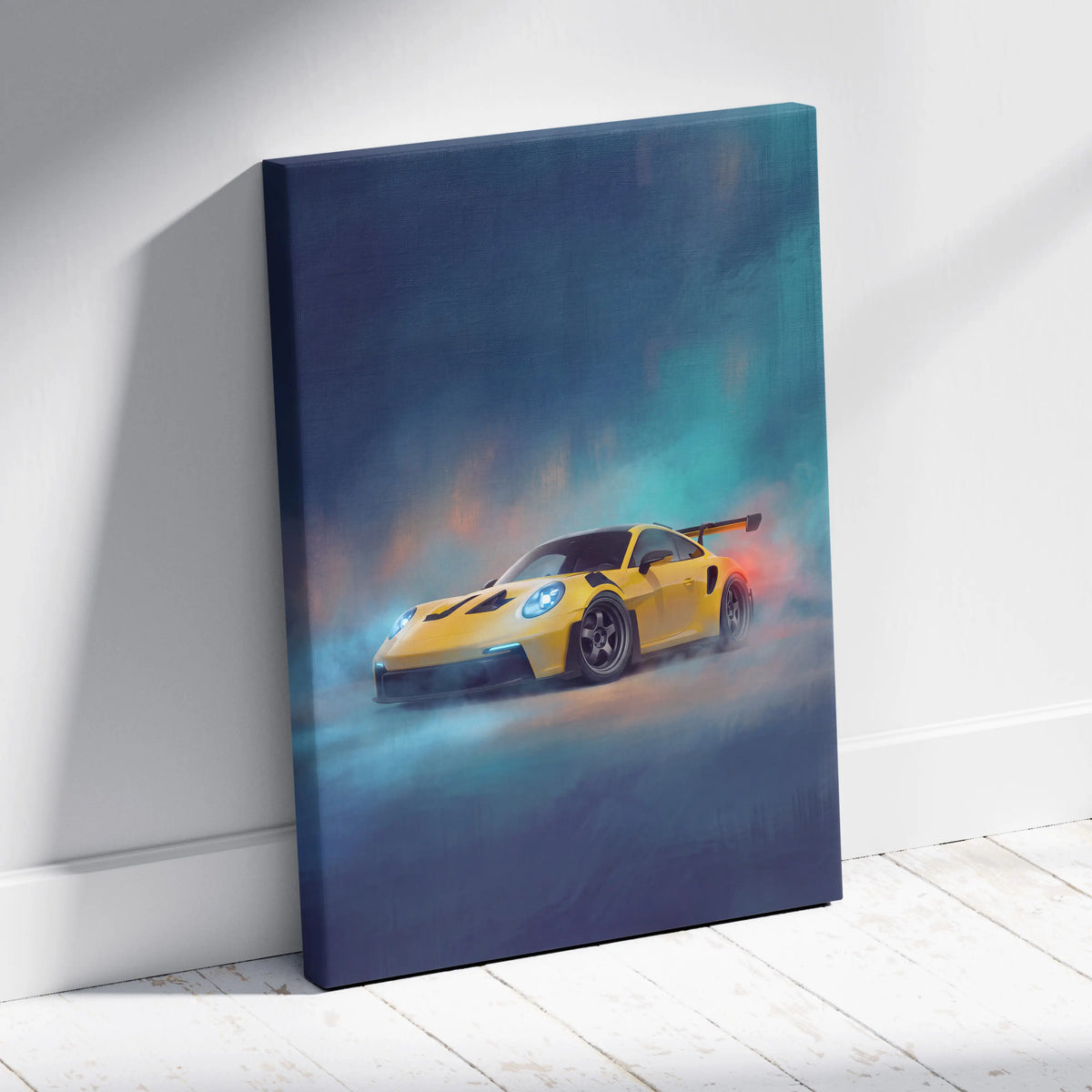 Yellow Porsche 911 GT3 RS inspired supercar canvas art print featuring a dynamic drift with blue headlights and orange smoke