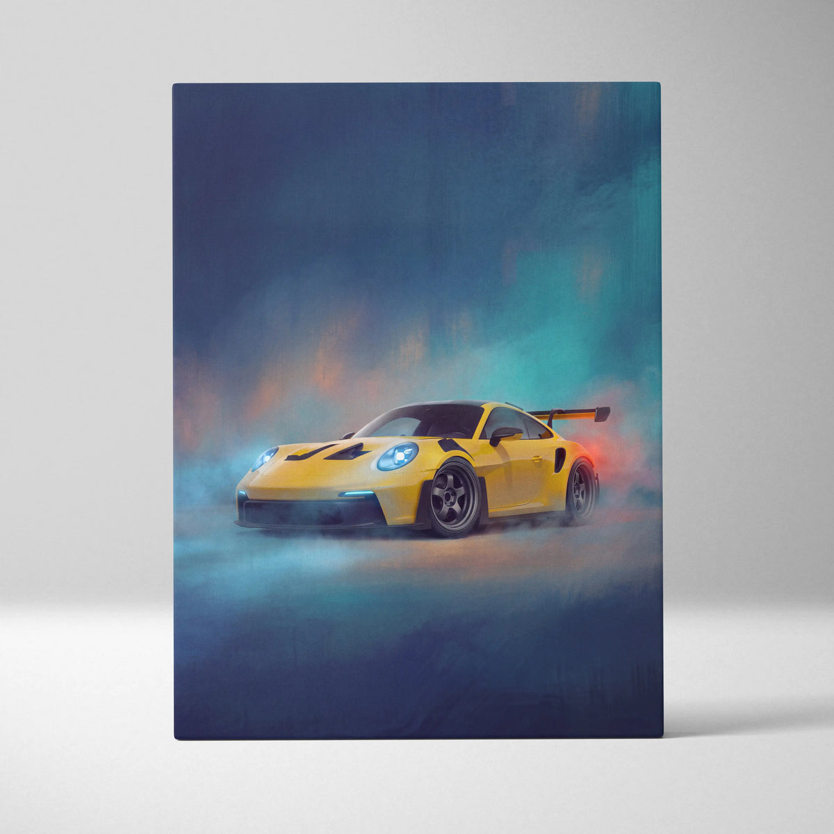 Vibrant yellow porsche 911 gt3 rs inspired supercar canvas art with glowing blue headlights and black rear wing