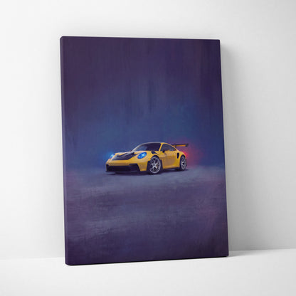 Yellow Porsche 911 GT3 RS inspired canvas art with glowing blue headlights and red taillights on dark purple background