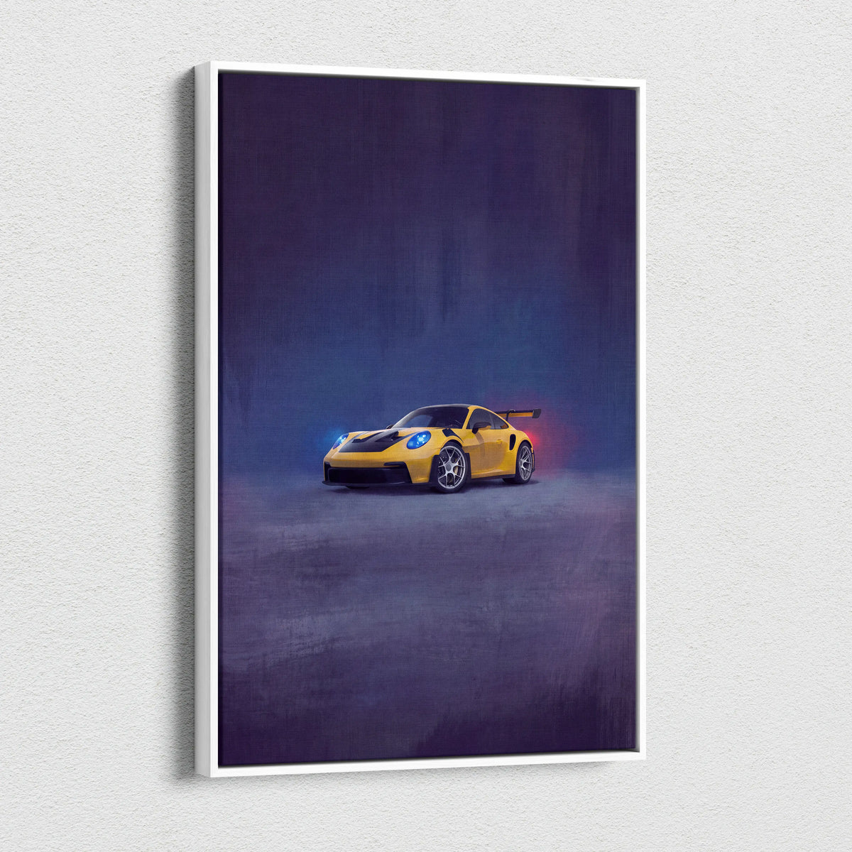 Yellow Porsche 911 GT3 RS canvas art featuring glowing blue headlights and red taillights on premium wall decor