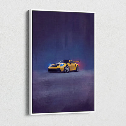 Yellow Porsche 911 GT3 RS canvas art featuring glowing blue headlights and red taillights on premium wall decor