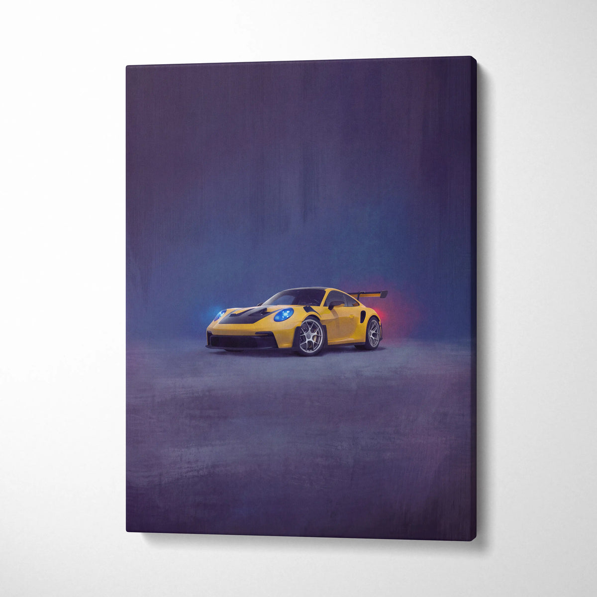 Vibrant yellow porsche 911 gt3 rs sports car canvas art with glowing blue and red accents premium automotive decor