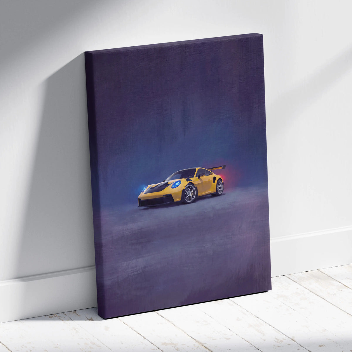 Yellow porsche 911 gt3 rs inspired canvas art with glowing blue headlights and red taillights on misty dark purple background