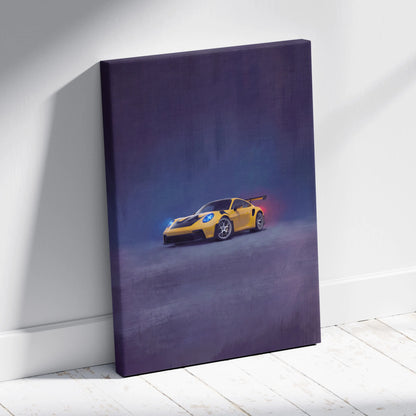 Yellow porsche 911 gt3 rs inspired canvas art with glowing blue headlights and red taillights on misty dark purple background