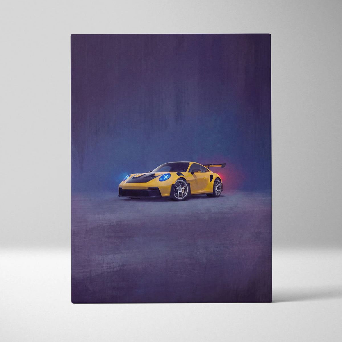 Vibrant yellow porsche 911 gt3 rs canvas art with glowing blue headlights and red taillights in painterly style