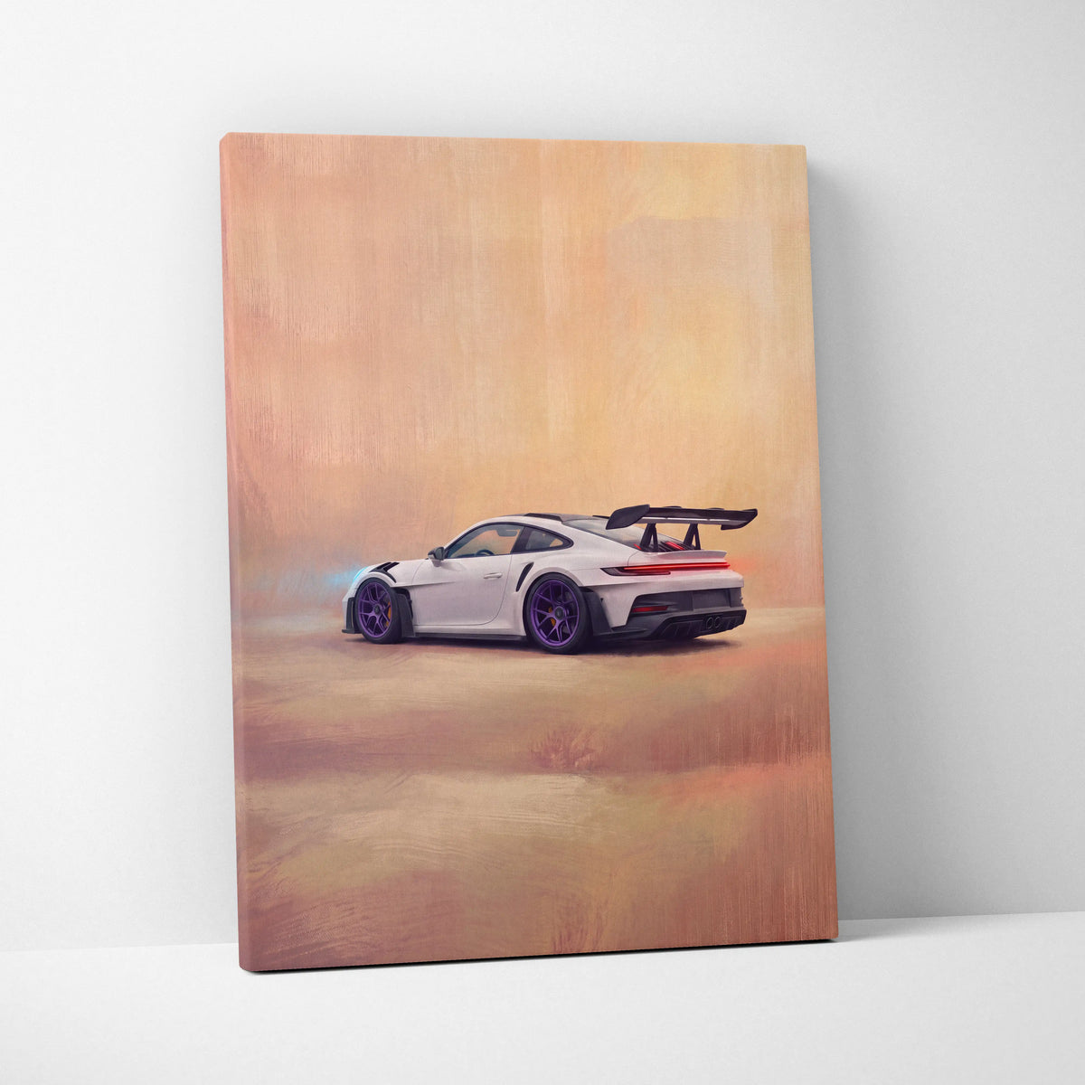 White porsche 911 gt3 rs sports car canvas print with black rear wing and purple rims track edition wall art