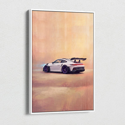 White framed canvas print of a white porsche 911 gt3 rs with black accents and purple wheels on an orange background