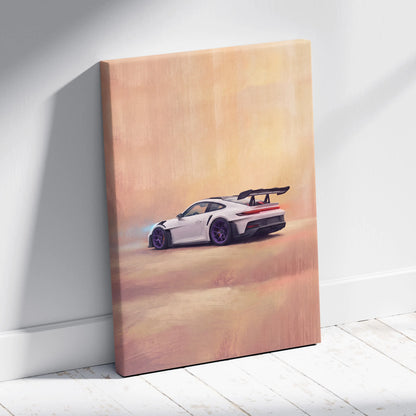 White Porsche 911 GT3 RS canvas print with purple wheels and black rear wing on wooden frame for car wall art