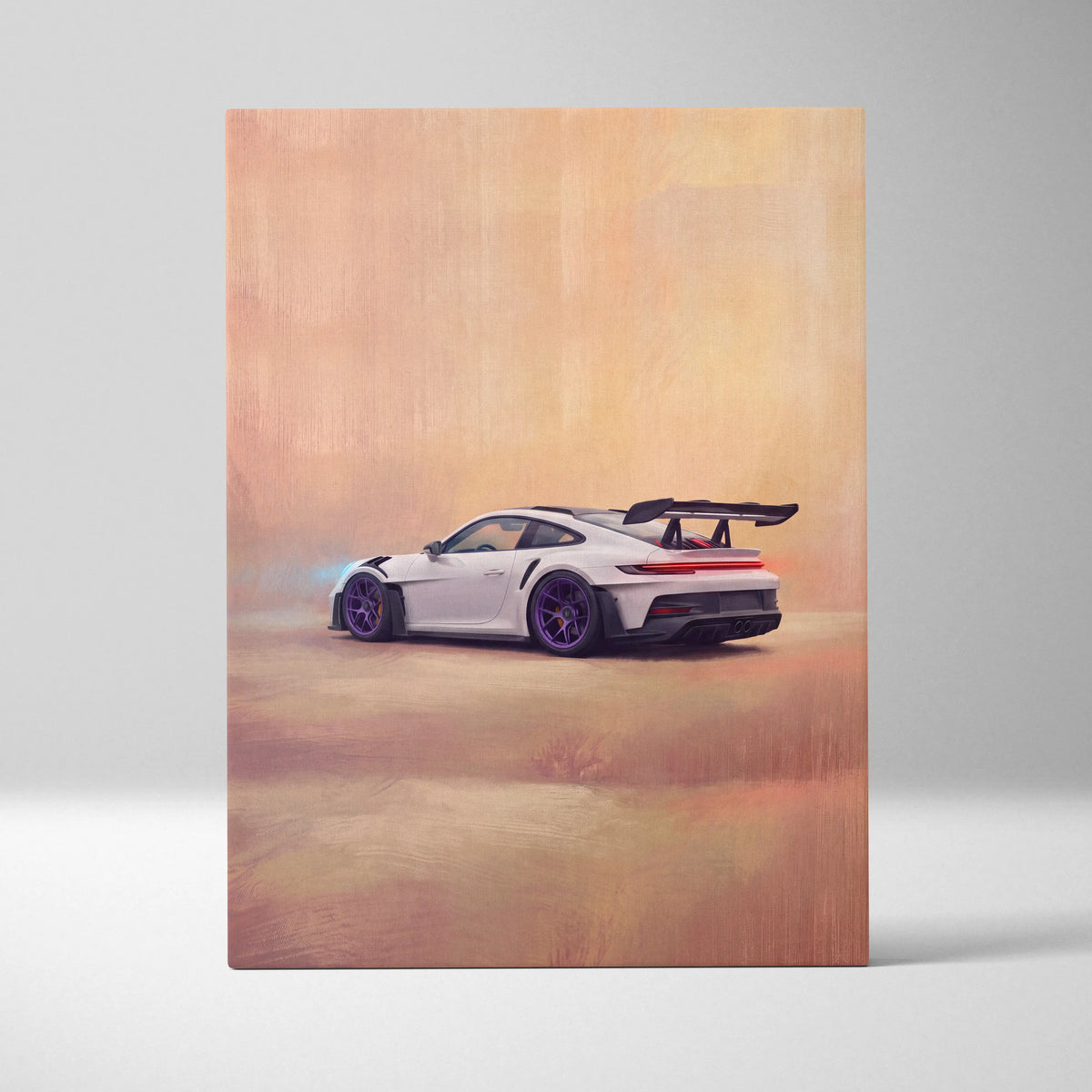 White porsche 911 gt3 rs inspired track edition canvas painting print featuring purple rims and black rear wing