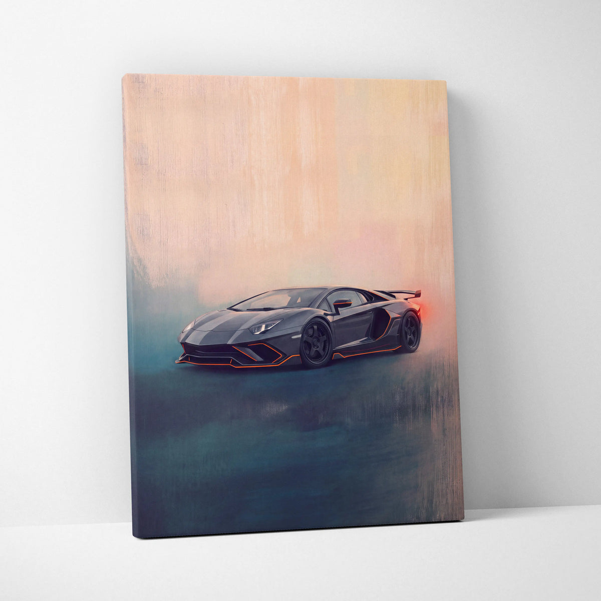 Lamborghini Aventador SVJ inspired automotive wall art with sleek black car and glowing orange accents on canvas print