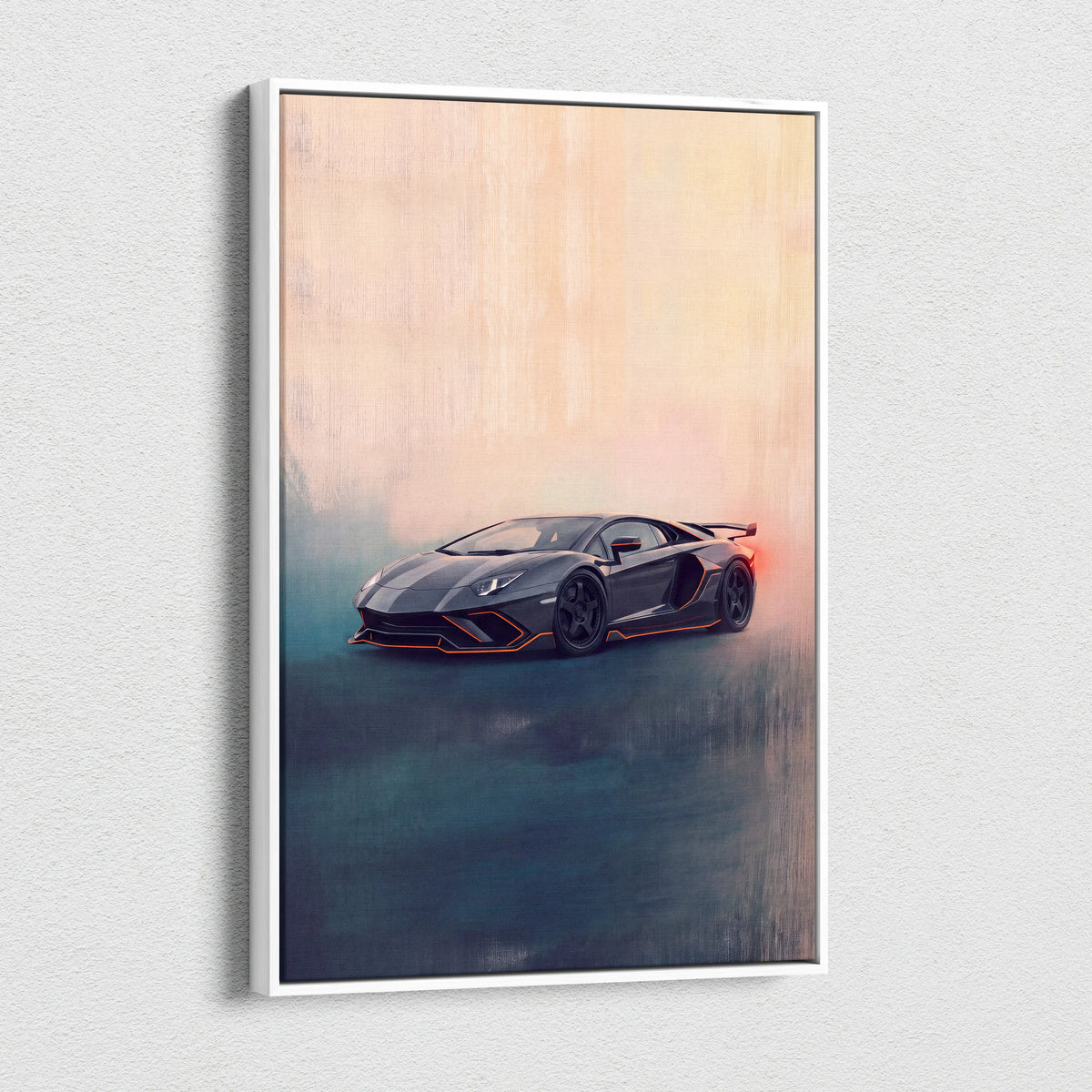 Black Lamborghini Aventador SVJ inspired luxury supercar canvas print with orange accent lighting wall art