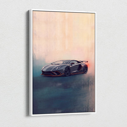 Black Lamborghini Aventador SVJ inspired luxury supercar canvas print with orange accent lighting wall art
