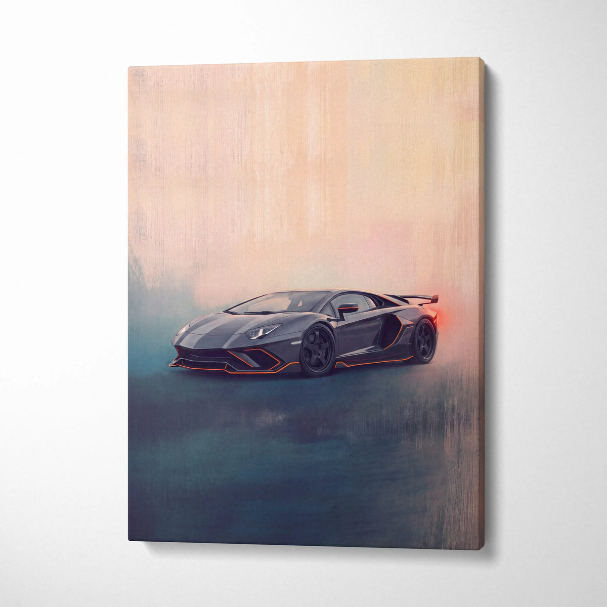Lamborghini Aventador SVJ inspired luxury supercar canvas print featuring a sleek black car with orange accents and red taillight