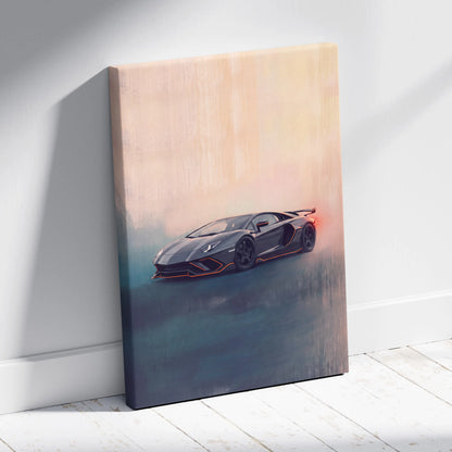 Black Lamborghini Aventador SVJ inspired luxury supercar canvas print with glowing orange accents and gradient background