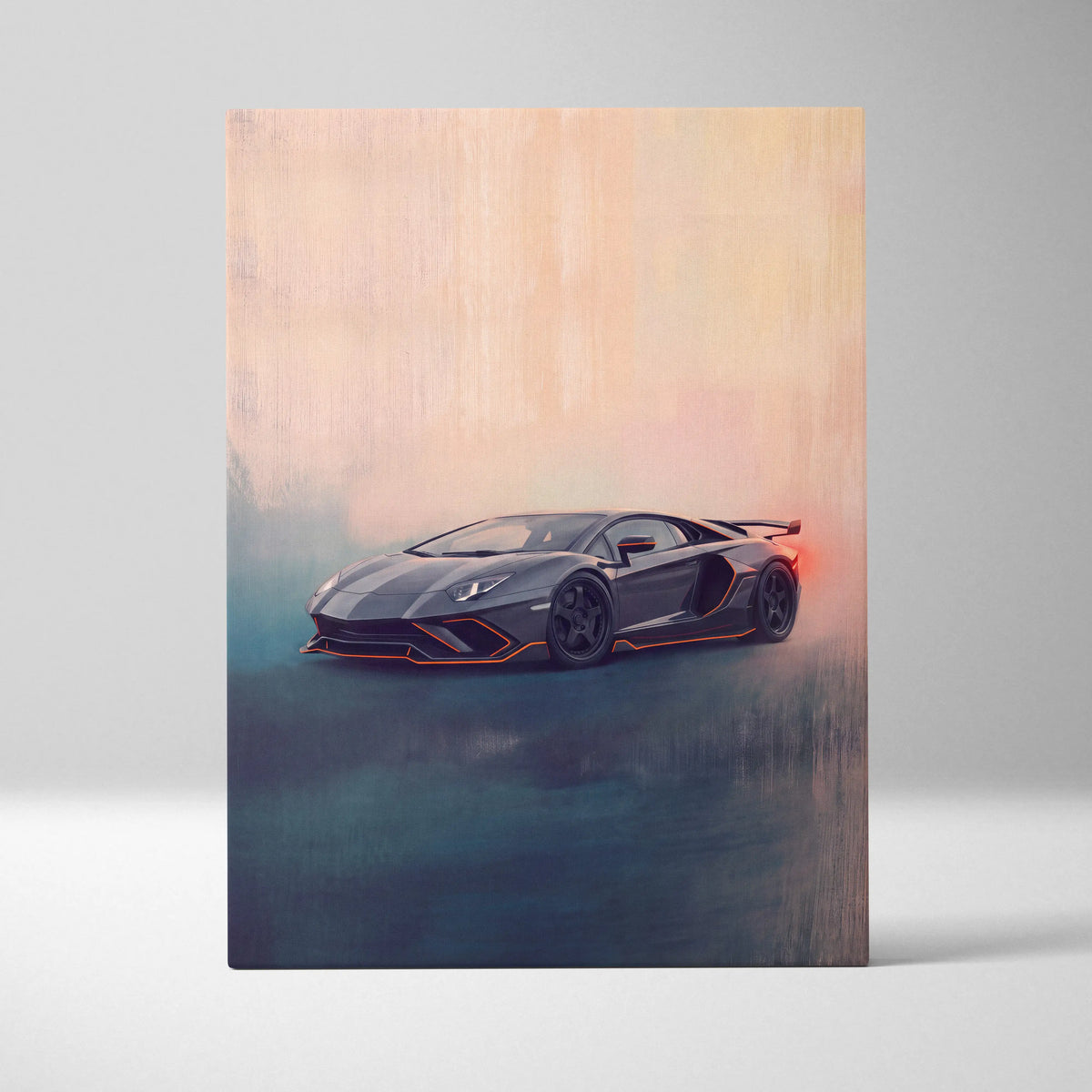 Black Lamborghini Aventador with orange accent lighting stylized painting on canvas luxury supercar wall art print