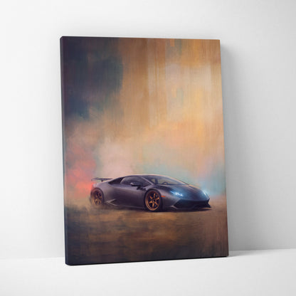 Black Lamborghini Huracán inspired supercar canvas art featuring a dynamic drift scene with fiery smoke effects