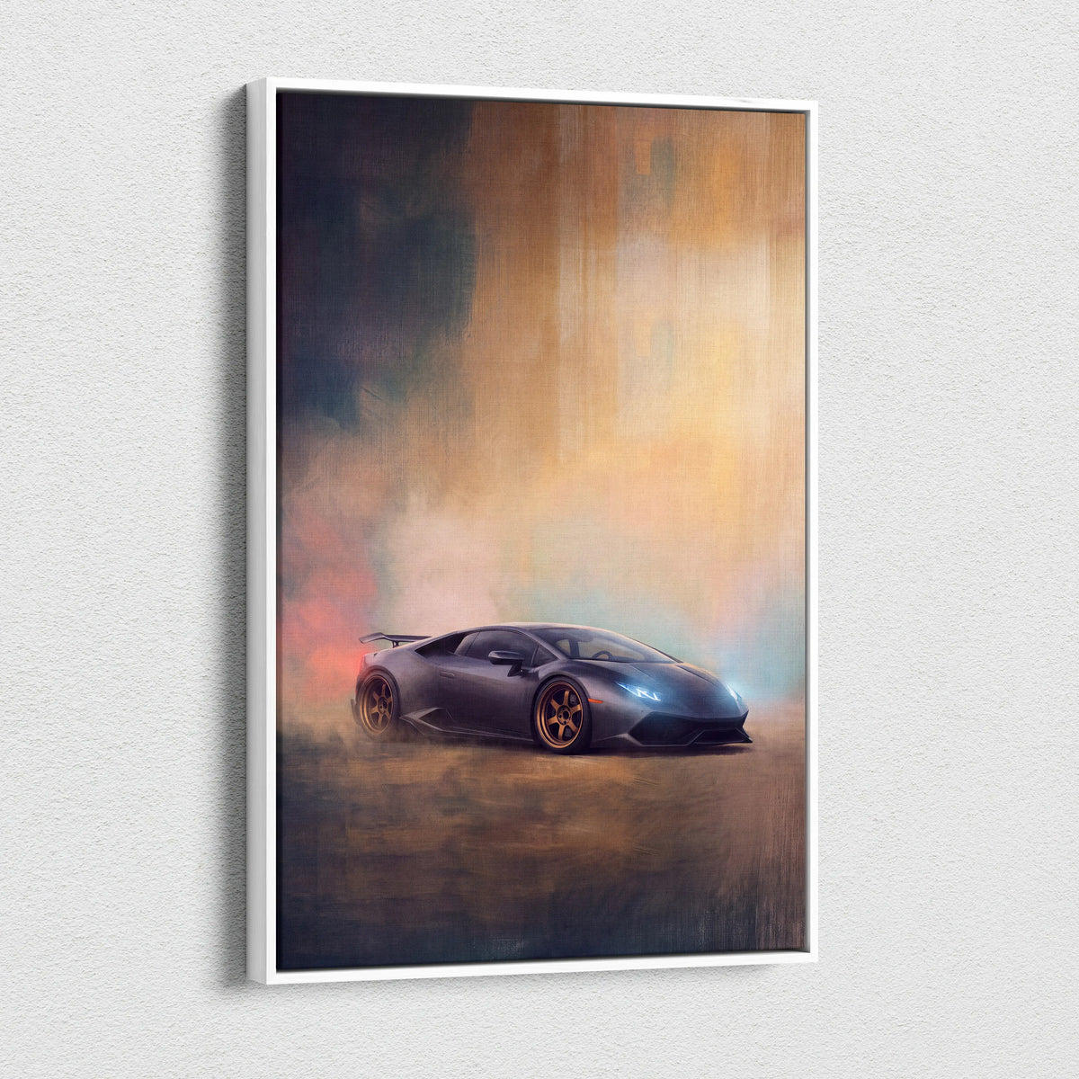 Black lamborghini huracán sports car canvas art print featuring dynamic drift pose with glowing headlights and golden rims